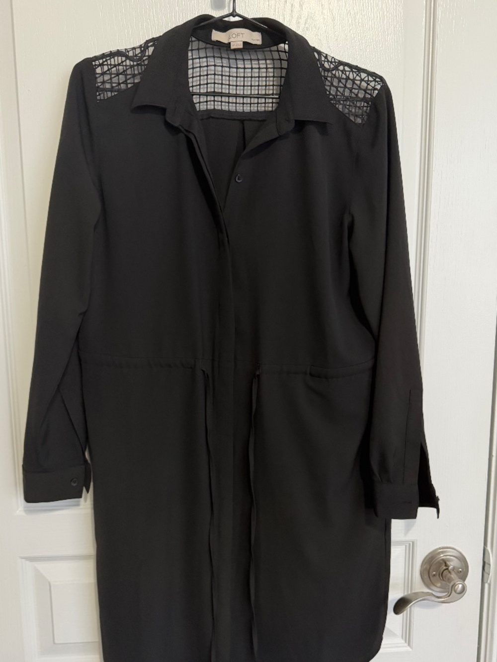 LOFT Black Mesh Shoulder Drawstring Shirt Dress Petites MP